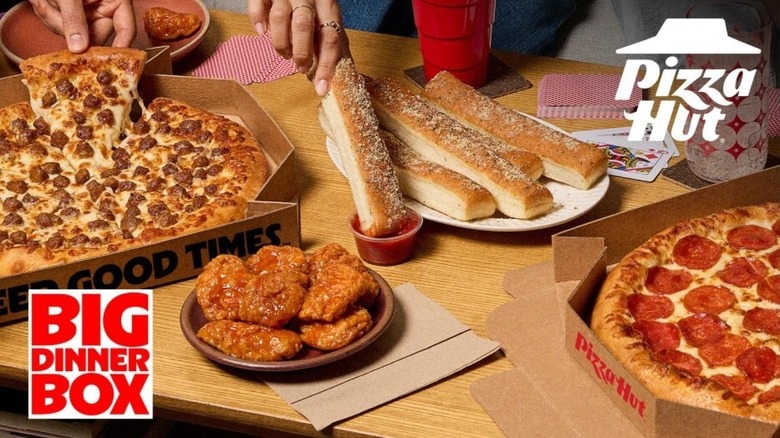 Pizza Hut Big Dinner Box with pizza, wings, and breadsticks.