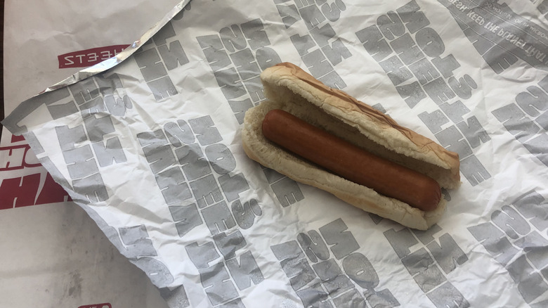 Sheetz made to order plain hot dog on aluminum wrapping.