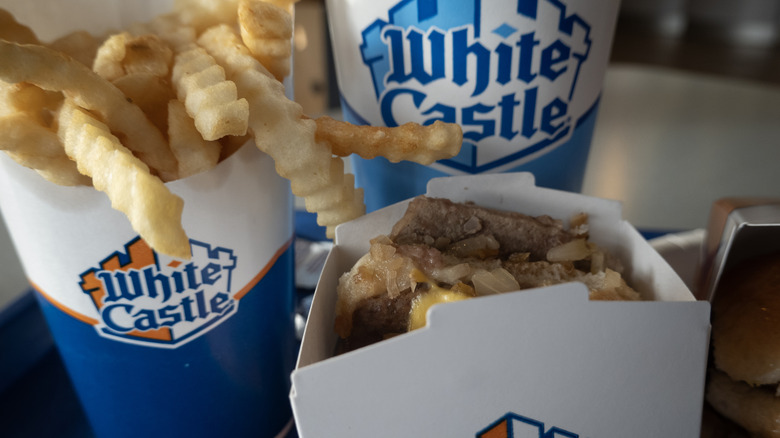 Fries, slider, and drink from White Castle