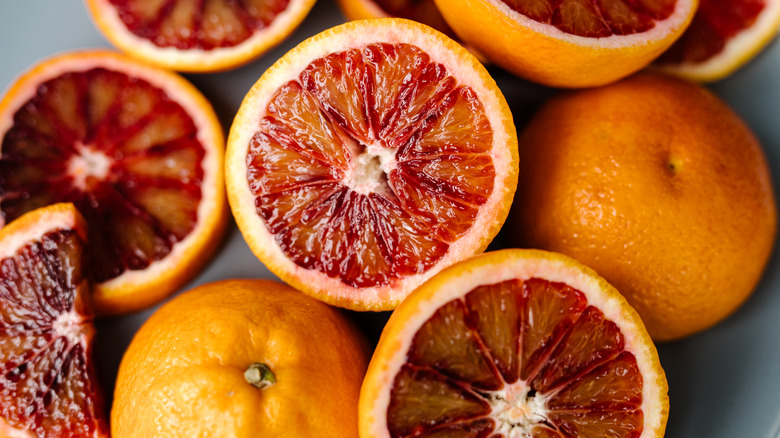 Blood oranges cut in half or into sections