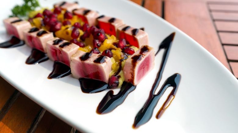 Pomegranate balsamic vinegar over seared tuna