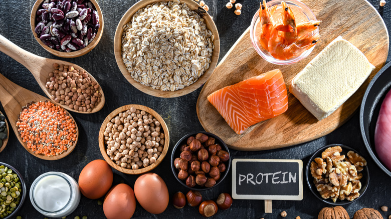 A sign that says "protein" surrounded by meat, cheese, nuts, legumes, eggs, and grains