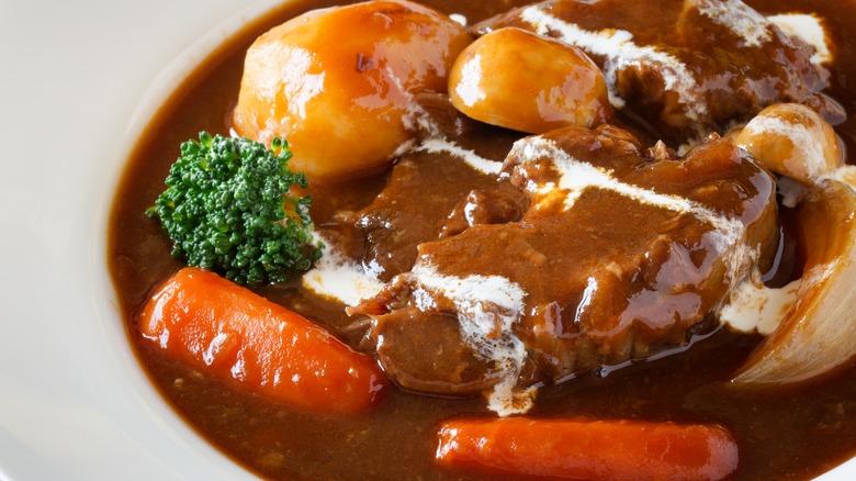 close up on white bowl of beef stew with vegetables