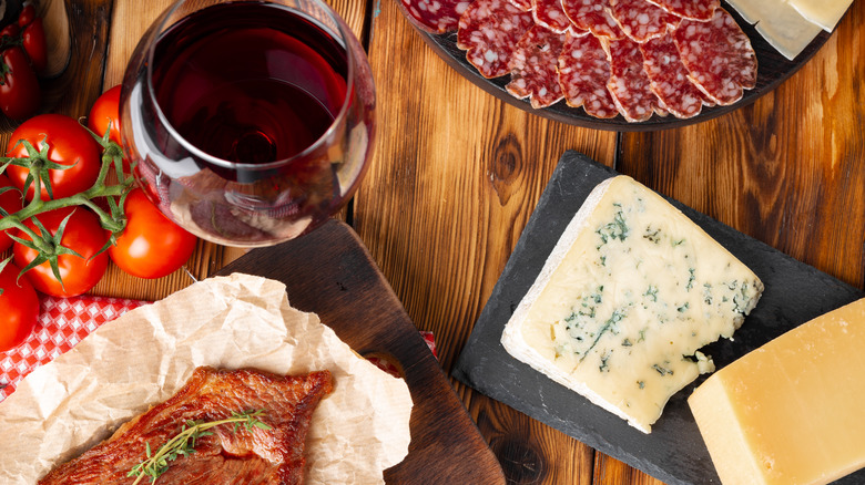 Mix of gourmet foods and wine