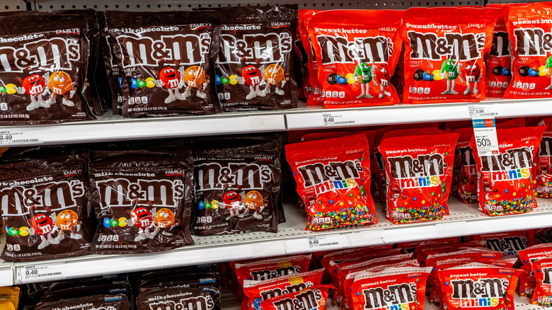 M&M packets on a store shelf