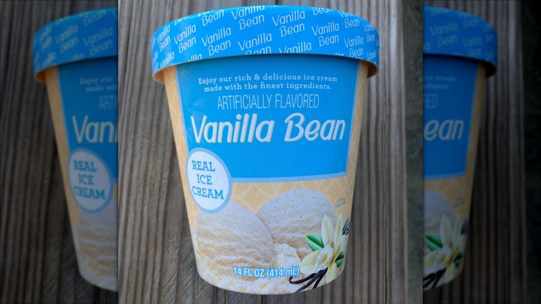 Dollar Tree vanilla ice cream tub on table, mirrored image