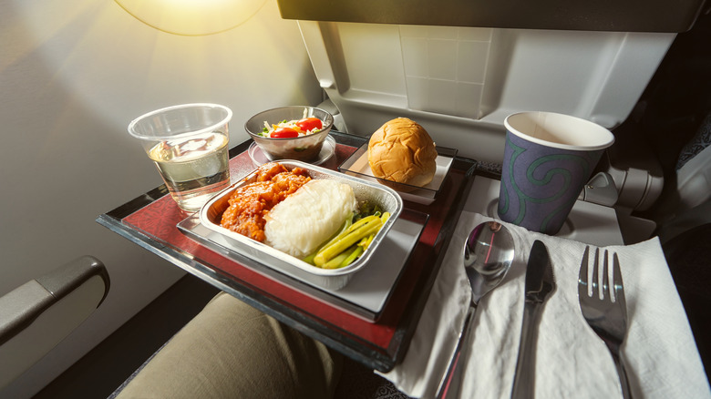 In-flight meal on airplane tray table