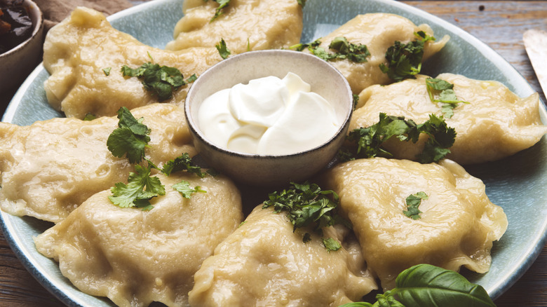 Potato pierogi with sour cream on blue plate