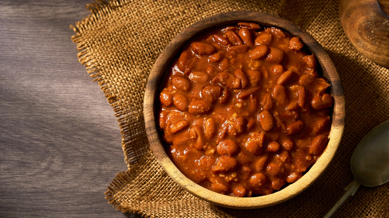 top view of pinto bean stew in serving bowl and