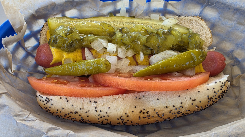 Chicago-style hot dog in a dish