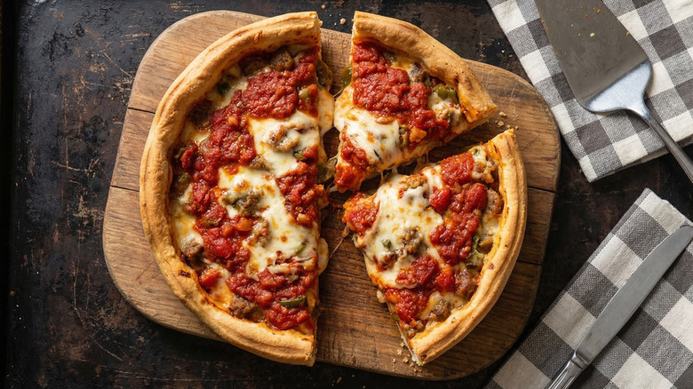 Chicago deep-dish pizza on a table