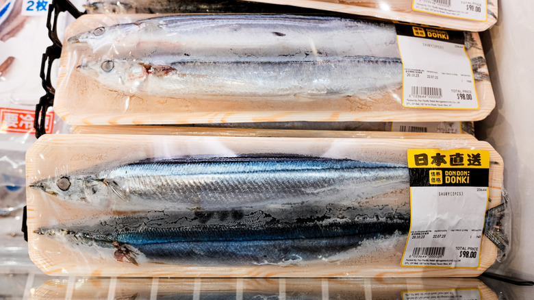 frozen mackerel, packaged in pairs in the frozen section of an Asian market