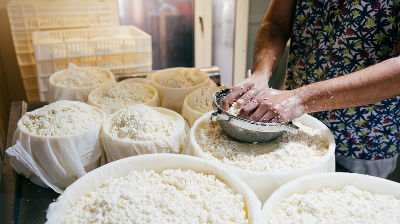 A person makes ricotta cheese by hand