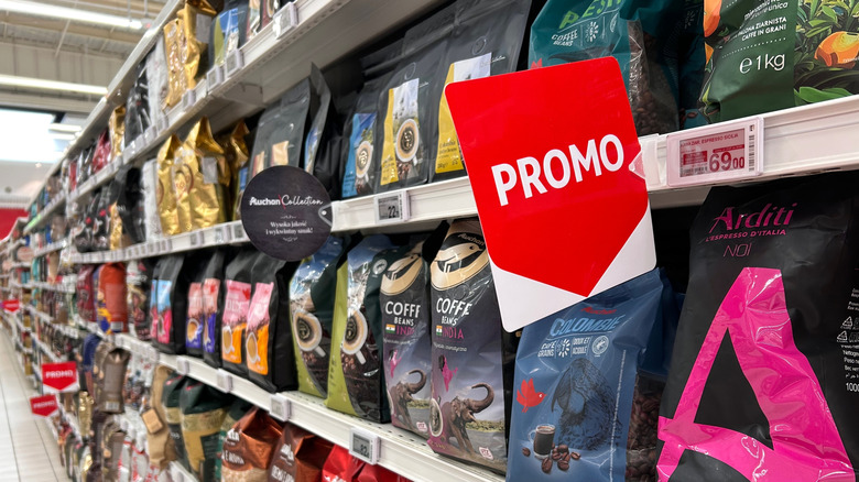bagged coffees on supermarket shelves