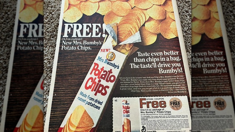 Vintage newspaper advert for Mrs. Bumby's potato chips