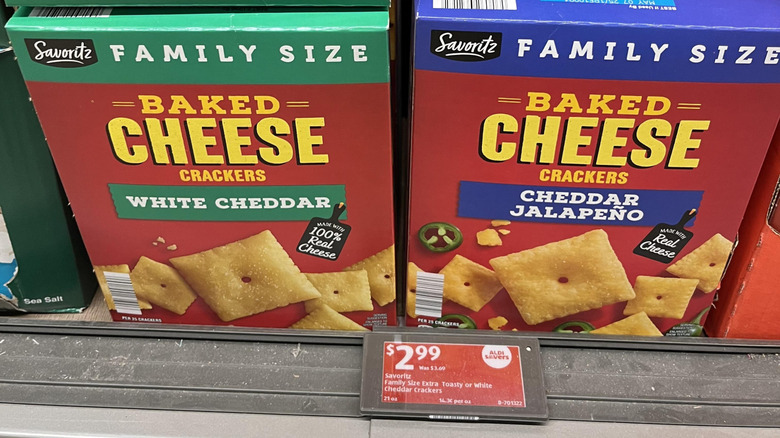 two boxes of Aldi's Cheez It dupes next to each other on shelf
