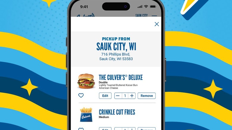 Page to order a hamburger and fries from the Culver's app