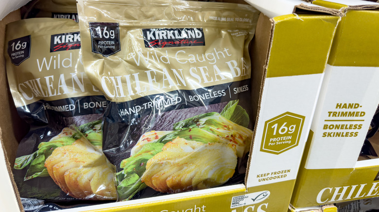 Boxes at Costco holding Kirkland wild caught Chilean sea bass