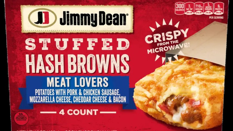 Red frozen box of Jimmy Dean Meat Lovers Stuffed Hash Browns