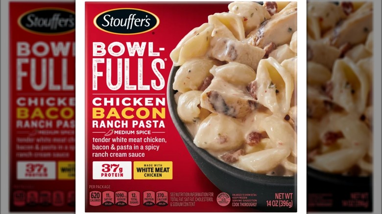 Red box of frozen Stouffer's Cheesy Chicken Bacon Ranch Bowl, picture of pasta bowl on cover
