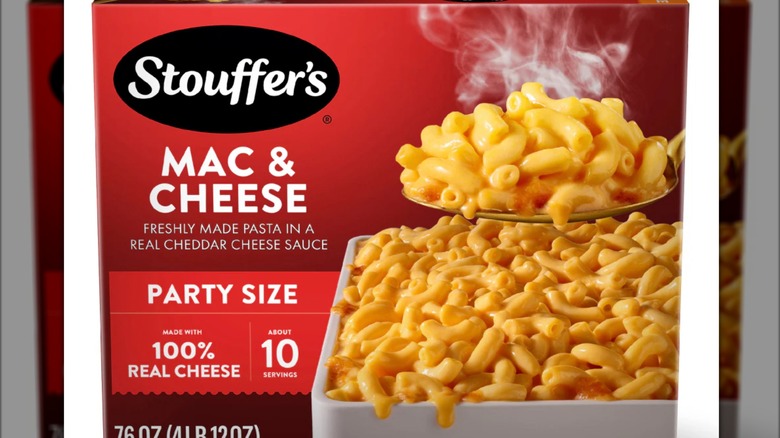 A red box of frozen Stouffer's Macaroni & Cheese, image of baked mac & cheese on the cover