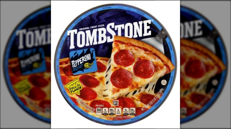 Blue package of frozen Tombstone Original Pepperoni Pizza