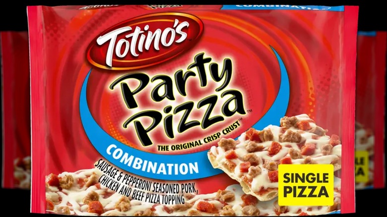 A red bag of frozen Totino's Combination Party Pizza