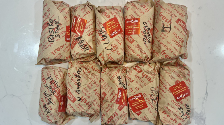 10 Getgo subs in to-go wrapping.