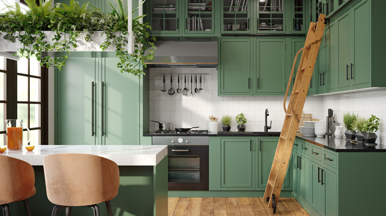 Dark green kitchen cabinets in stylish kitchen with ladder, hanging plants