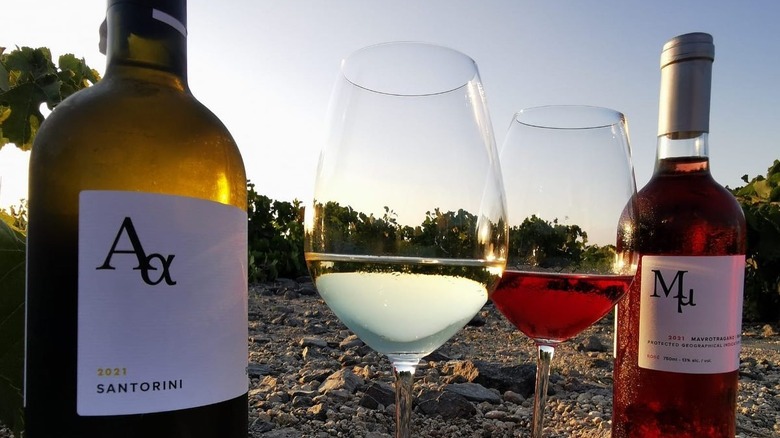 bottle of greek white wine with glass at sunset