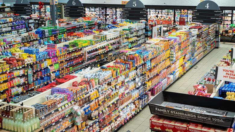 A top view of a grocery store filled with products.