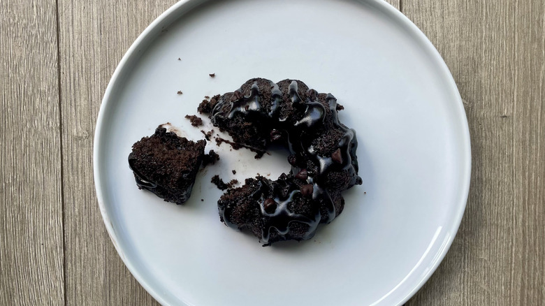 Walmart chocolate Bundt cake sliced on a plate