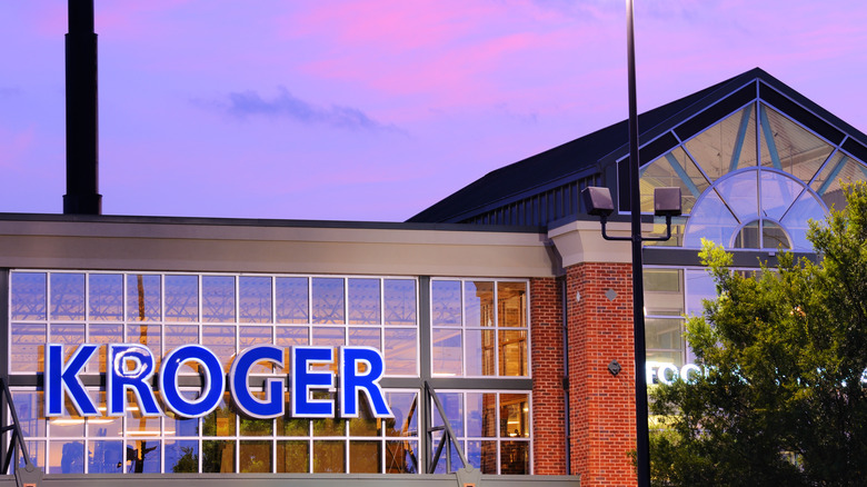 Exterior of Kroger with sunset sky in background