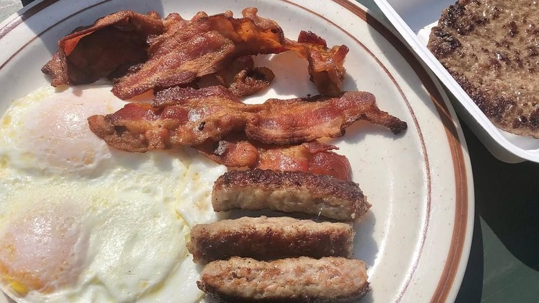 eggs, bacon, and sausage
