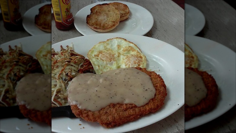 country fried steak and gravy breakfast
