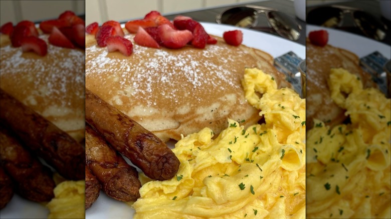 close up of pancakes with scrambled eggs