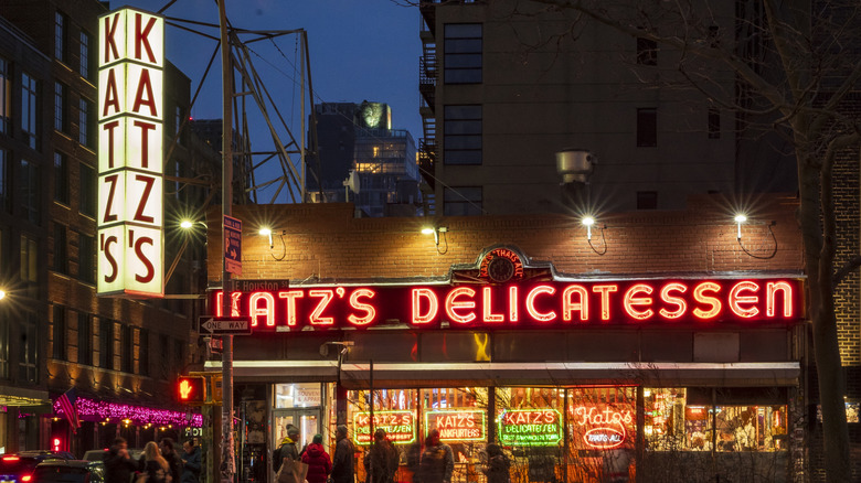 A nighttime view of Katz's Deli in NYC