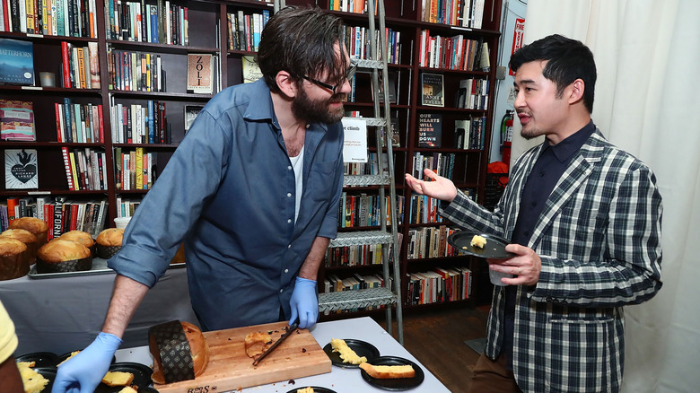 Rick Easton speaking to Francis Lam at event in bookstore