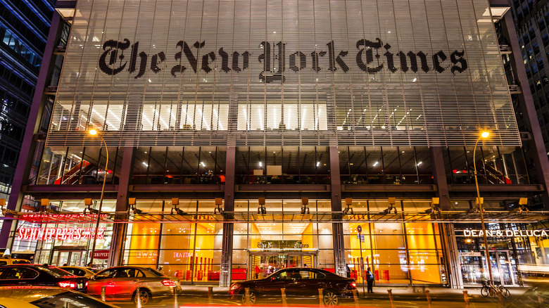 The New York Times office building at night