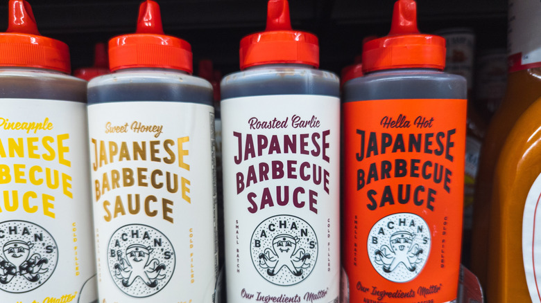 Various flavors of Bachan's Japanese barbecue sauce on a shelf
