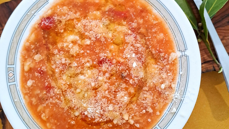 Bowl of pasta e fagioli with Parmesan
