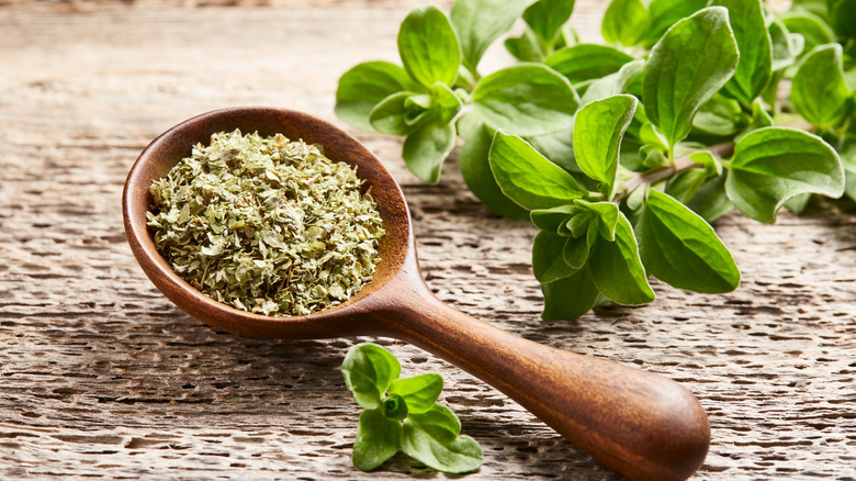 dried oregano in a bowl next to a sprig of fresh oregano