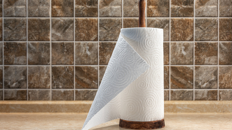 Paper towel roll placed on a holder against a tiled wall