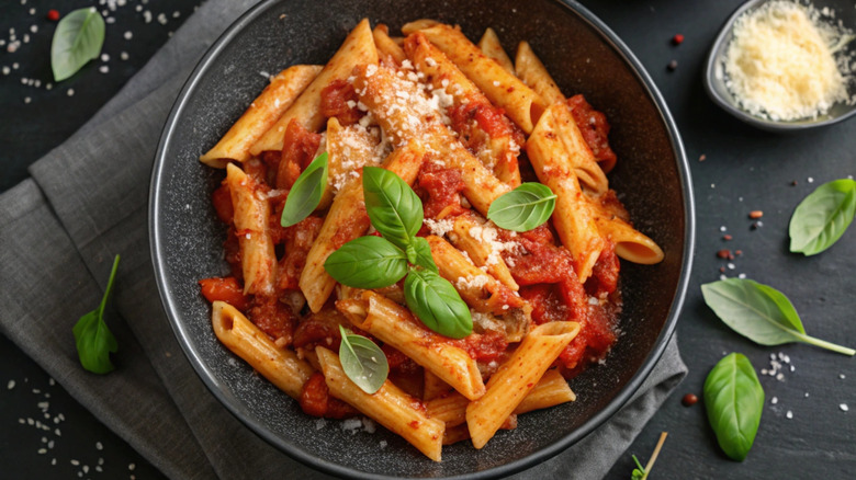 Bowl of penne pasta with tomato sauce, garnished with fresh basil and grated Parmesan