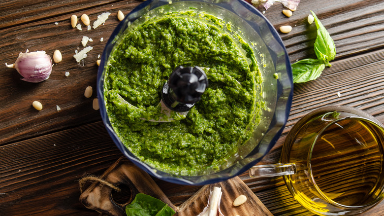 Making basil pesto in food processor