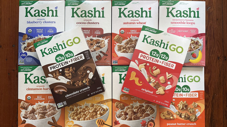 Kashi cereal boxes on wooden background
