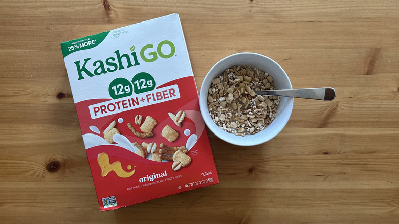 Kashi Go Protein and Fiber Original in white bowl on wooden table