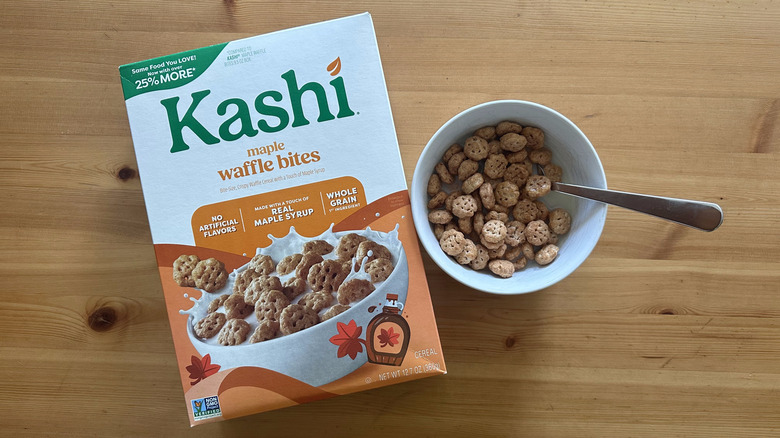 Kashi Maple Waffle Bites in white bowl on wooden table