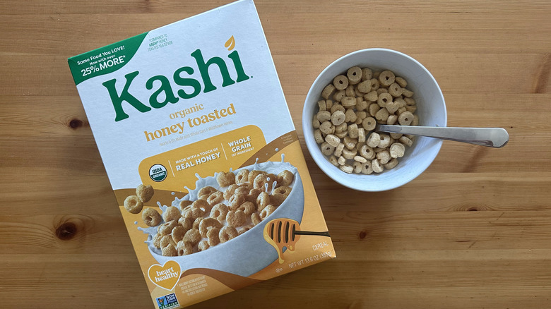 Kashi Organic Honey Toasted in white bowl on wooden table