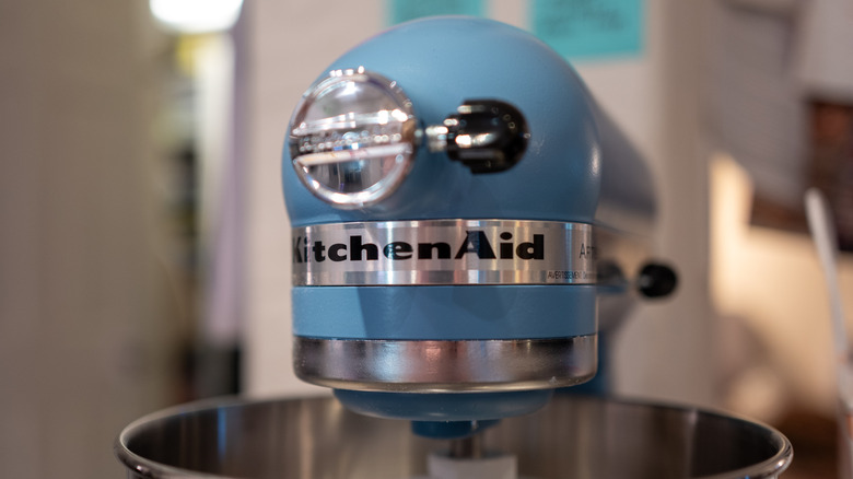 Close up of KitchenAid and bowl with brand logo visible
